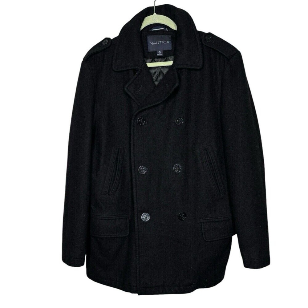 Nautica Womens Anchor Black Nautical Button Up Wool Jacket Quilted Sz M Pea Coat
